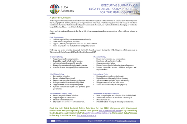 ELCA Federal Policy Priorities for 119th Congress – Executive Summary