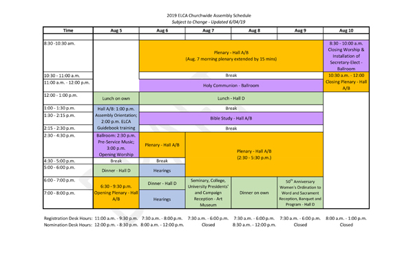 2019 Churchwide Assembly Schedule – DRAFT