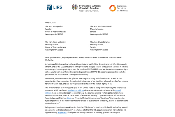 ELCA / LIRS / LSA letter to Congress addressing COVID-19 and immigrants