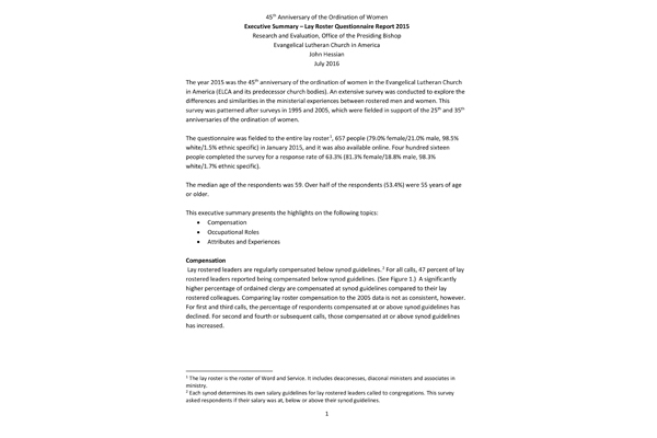 45th Anniversary – Lay Roster Questionnaire Report