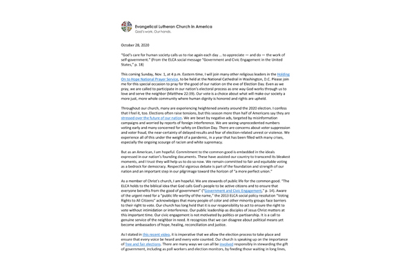 ELCA presiding bishop issues election statement