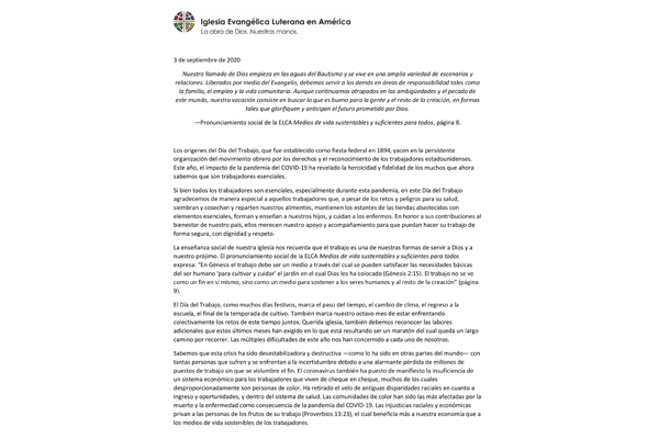 Bishop Eaton Labor Day Message 2020 (Spanish)