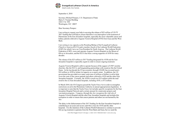 Bishop Eaton Letter to Secretary Pompeo on AVH Funding