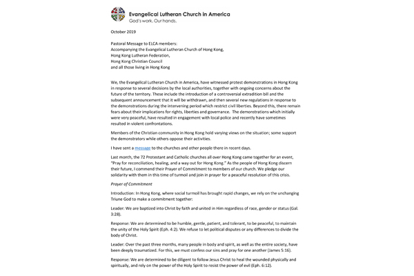 Pastoral Message to ELCA members about Hong Kong Protests