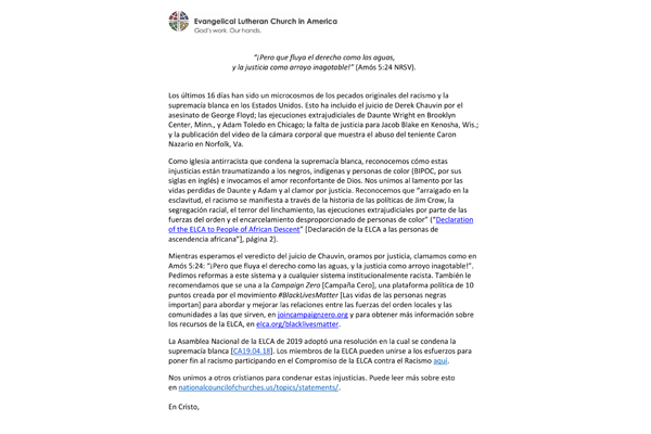 Bishop Eaton Statement on Racial Justice (Spanish)