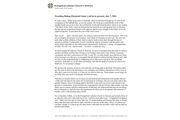 Bishop Eaton’s call to be present, July 7, 2016