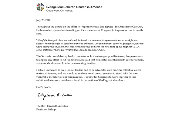 Bishop Eaton Statement on Healthcare Debate