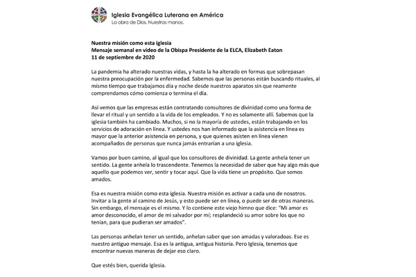 Presiding Bishop Weekly Video Message, September 11, 2020 (Spanish)