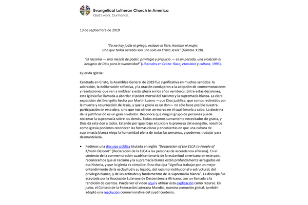 ELCA presiding bishop issues pastoral message on racism and white supremacy (Spanish)