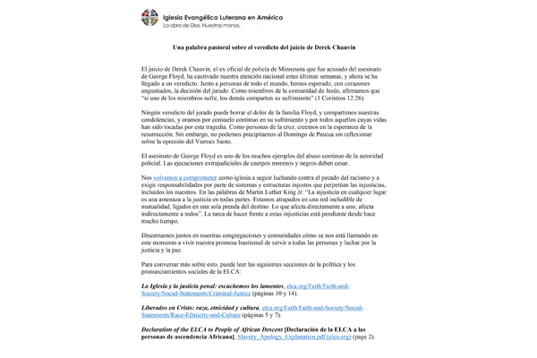 A pastoral word on the verdict of Derek Chauvin’s trial (Spanish)