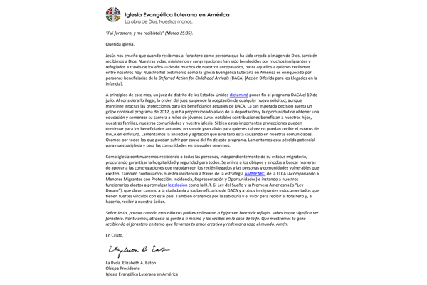 ELCA presiding bishop response to DACA ruling (Spanish)
