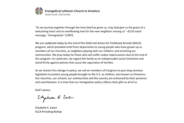 Bishop Eaton Statement the End of the Deferred Action for Childhood Arrivals (DACA) Program