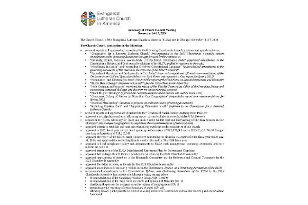 Church Council Summary Nov. 14-17, 2024