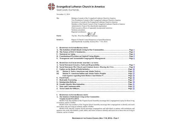 Church Council Responses November 7-10, 2014
