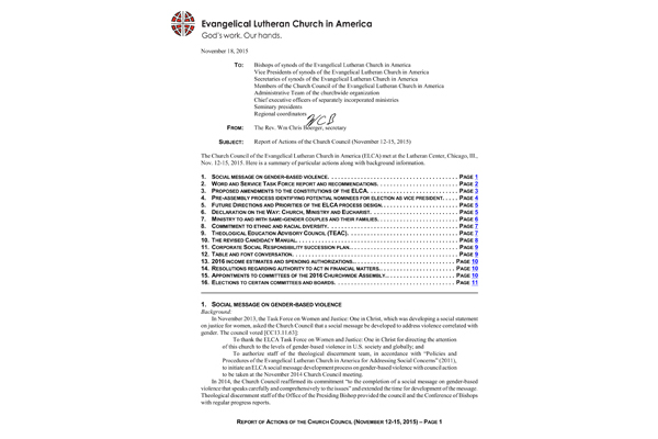 Church Council Actions November 12-15, 2015
