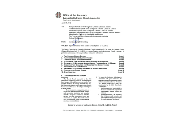 Church Council Actions April 13-15, 2012