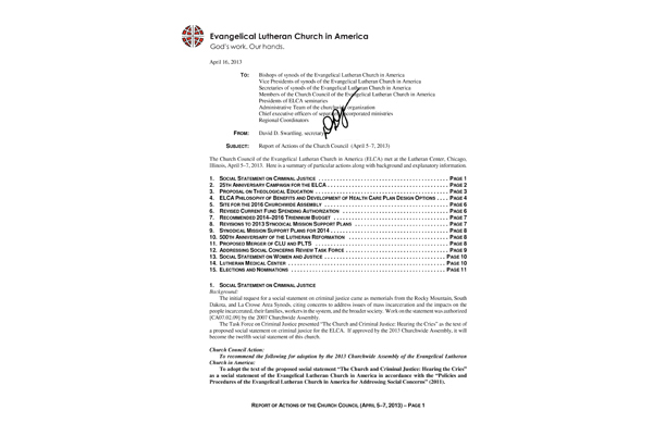 Church Council Actions April 5-7, 2013