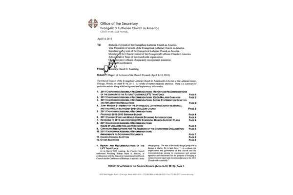 Church Council Actions April 8-10, 2011
