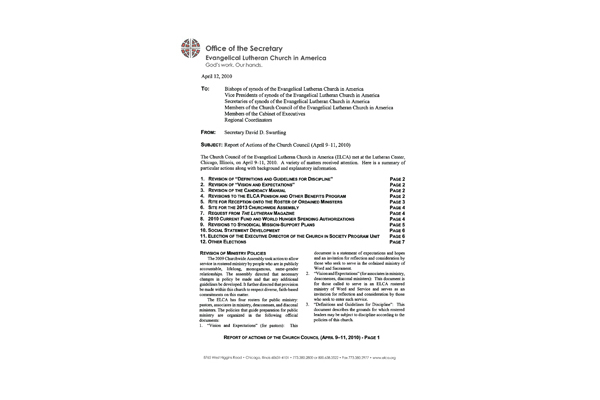 Church Council Actions April 9-11, 2010