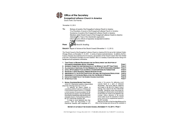 Church Council Actions November 11-13, 2011