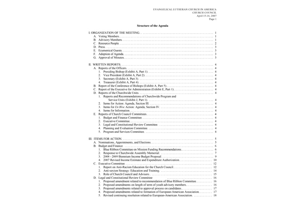 Church Council Agenda April 13-15, 2007