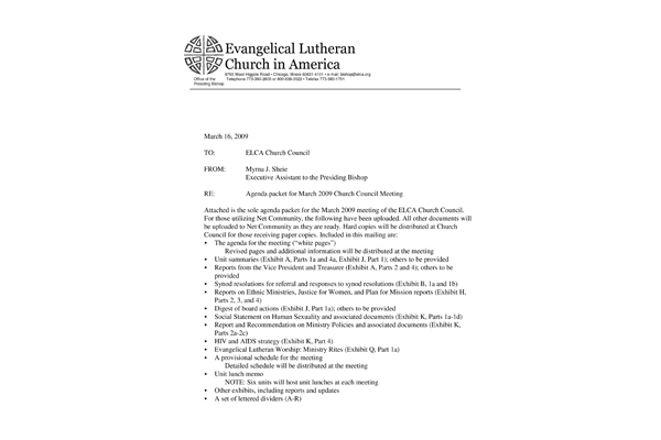 Church Council Agenda March 27-30, 2009