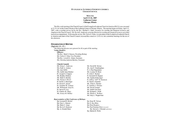 Church Council Minutes April 13-15, 2007