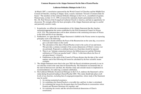 Common Response to the Aleppo Statement on the Date of Easter Pascha