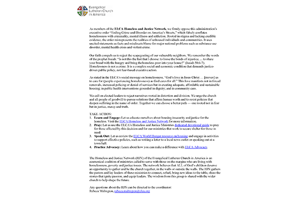 ELCA HJN Statement on EO Ending Crime and Disorder
