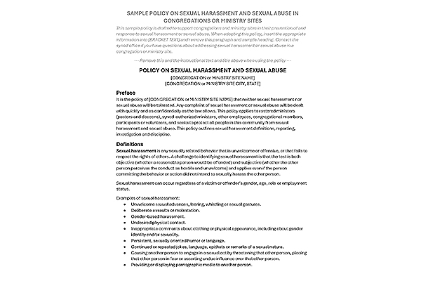 Sample Policy for Congregations on Sexual Harassment and Sexual Abuse