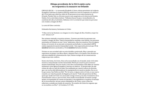 ELCA Letter on Orlando Shooting (Spanish)
