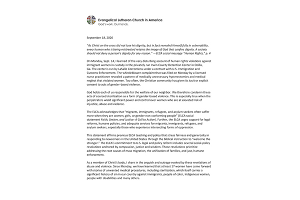 ELCA presiding bishop responds to disregard for human life and dignity at private detention facility – September 18, 2020