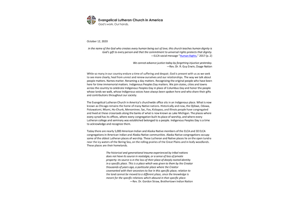 ELCA presiding bishop issues statement for Indigenous Peoples Day