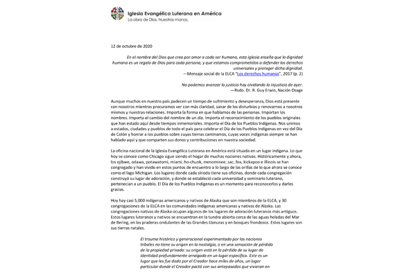 ELCA presiding bishop issues statement for Indigenous Peoples Day Spanish