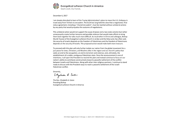 Bishop Eaton’s Letter on the US Embassy in Israel