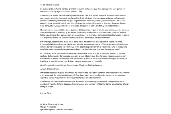 ELCA Presiding Bishop responds to Florida high school shooting (Spanish)