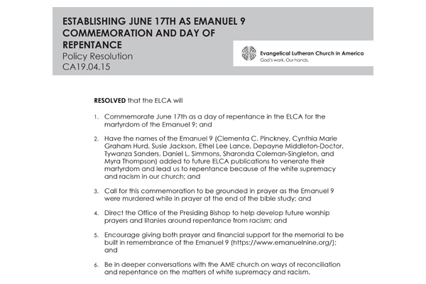 Establishing June 17th as Emanuel 9 Commemoration and Day of Repentance
