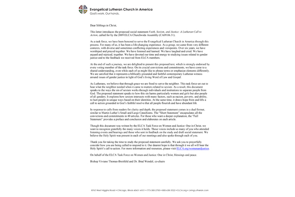 Faith, Sexism, and Justice: A Lutheran Call to Action – Cover Letter