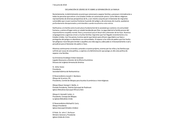 Bishop Eaton and Faith Leaders Statement on Family Separation (Spanish)