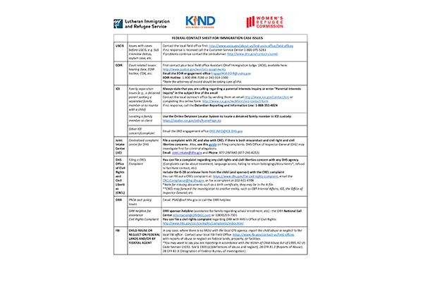 Federal Contact Sheet for Immigration Case Issues