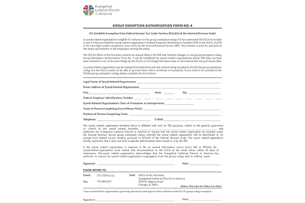 Group Exemption Authorization Form for Synod Related Organizations