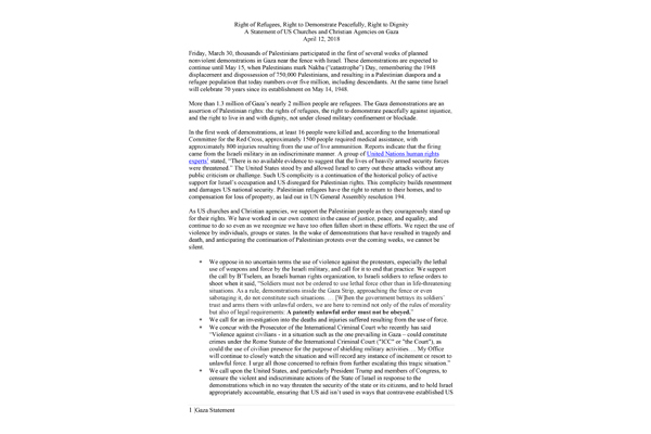 A Statement of US Churches and Christian Agencies on Gaza April 12, 2018