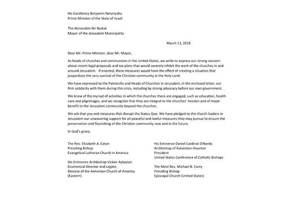 Letter of concern about recent legal proposals and tax plans affecting churches