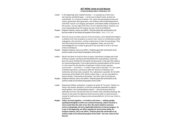 “ACT NOW: Unite to End Racism,” a litany by Senior Bishop Adam J. Richardson, Jr.