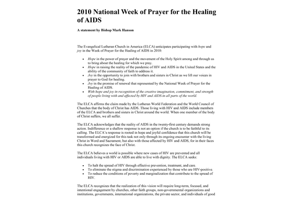 2010: Statement on the National Week of Prayer for the Healing of AIDS