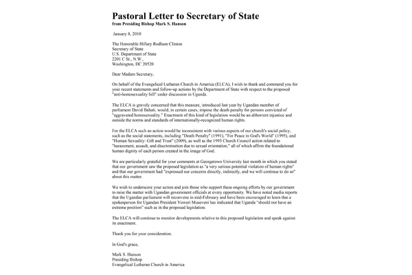 2010: Uganda Anti-Homosexuality Law Letter to the Secretary of State