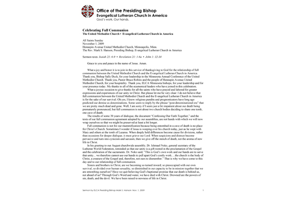 2009: All Saints Sunday Sermon Celebrating Full Communion with the United Methodist Church