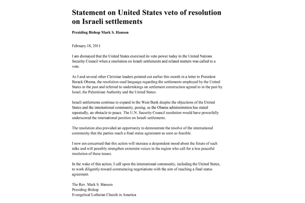 2011: Statement on the US Veto of the UN Resolution on Israeli Settlements