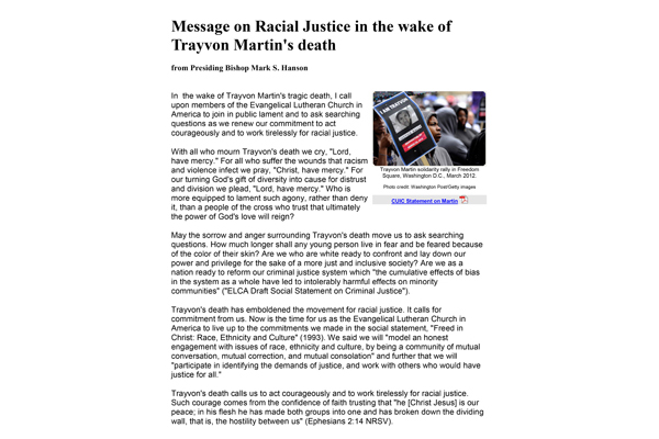 2012: Message on Racial Justice in the Wake of Trayvon Martin’s Death