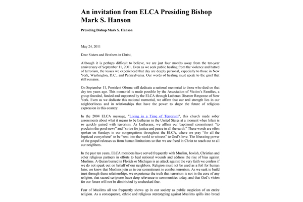 2011: Message on the 10th Anniversary of September 11, 2001